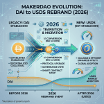 Diagram showing MakerDAO's migration from DAI stablecoin to new USDS stablecoin in 2026 with conversion and adoption details