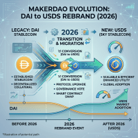 Diagram showing MakerDAO's migration from DAI stablecoin to new USDS stablecoin in 2026 with conversion and adoption details