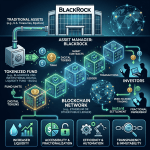 Diagram illustrating BlackRock managing traditional assets converted into digital tokens through blockchain for investor trading and ownership