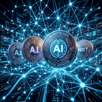 AI cryptocurrency coins labeled AI, A.I., NXT linked by interconnected glowing blue neural network