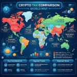 World map showing crypto tax rates, key countries labeled with tax details and color-coded by tax level.