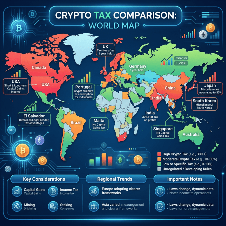 World map showing crypto tax rates, key countries labeled with tax details and color-coded by tax level.