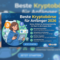 Illustration of a smiling young person holding a smartphone and tablet with cryptocurrency symbols and graphs