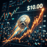 XRP digital asset coin with rising price graph reaching ten dollars